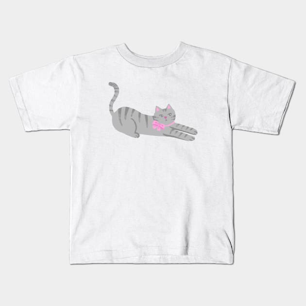 Cat in Pink Ribbon Kids T-Shirt by weirdoinpink